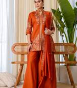 Dark-orange silk blend thread embroidery palazzo set
