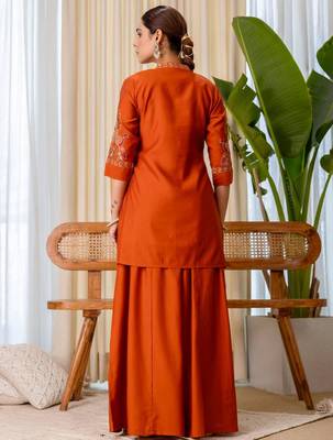Dark-orange silk blend thread embroidery palazzo set 2