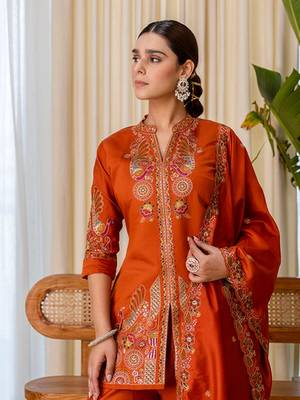 Dark-orange silk blend thread embroidery palazzo set 4