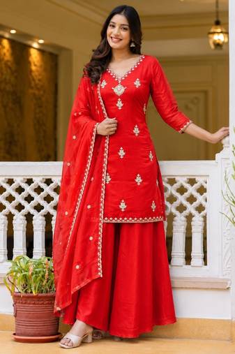 Red silk blend embroidered palazzo set
