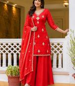 Red silk blend embroidered palazzo set