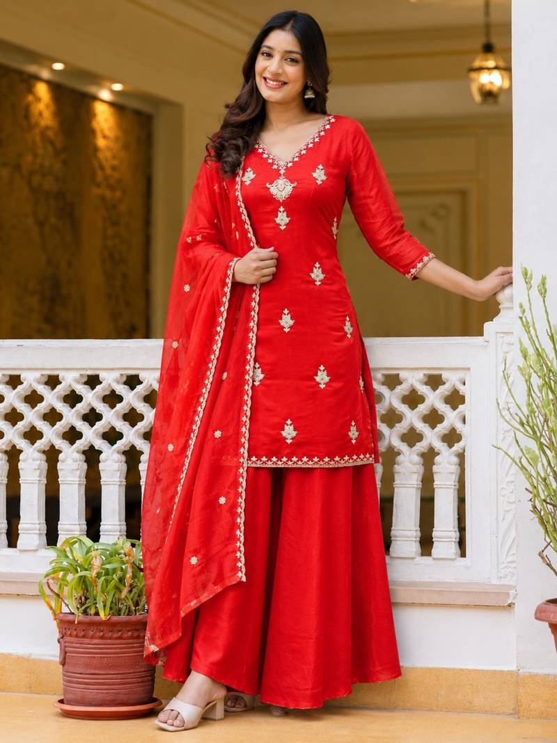 Red silk blend embroidered palazzo set