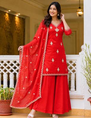 Red silk blend embroidered palazzo set 2