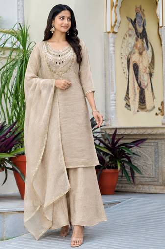 Cream silk blend embroidered sharara set