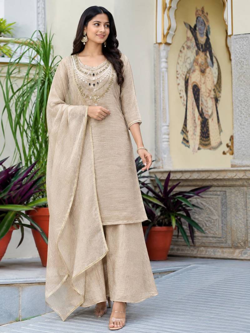 Cream silk blend embroidered sharara set