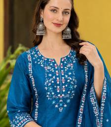 Teal-blue silk blend embroidered kurta set