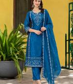 Teal-blue silk blend embroidered kurta set