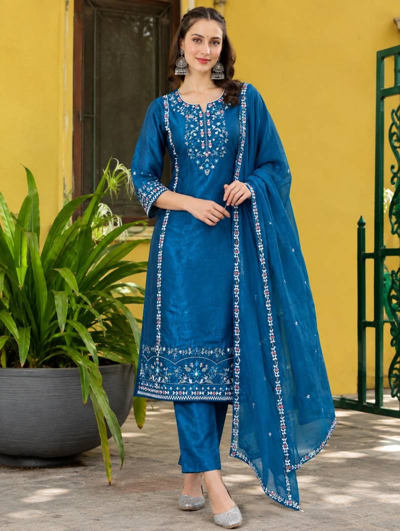 Teal-blue silk blend embroidered kurta set