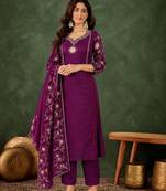 Purple silk blend embroidered kurta set