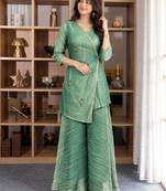 Green silk blend embroidered sharara set