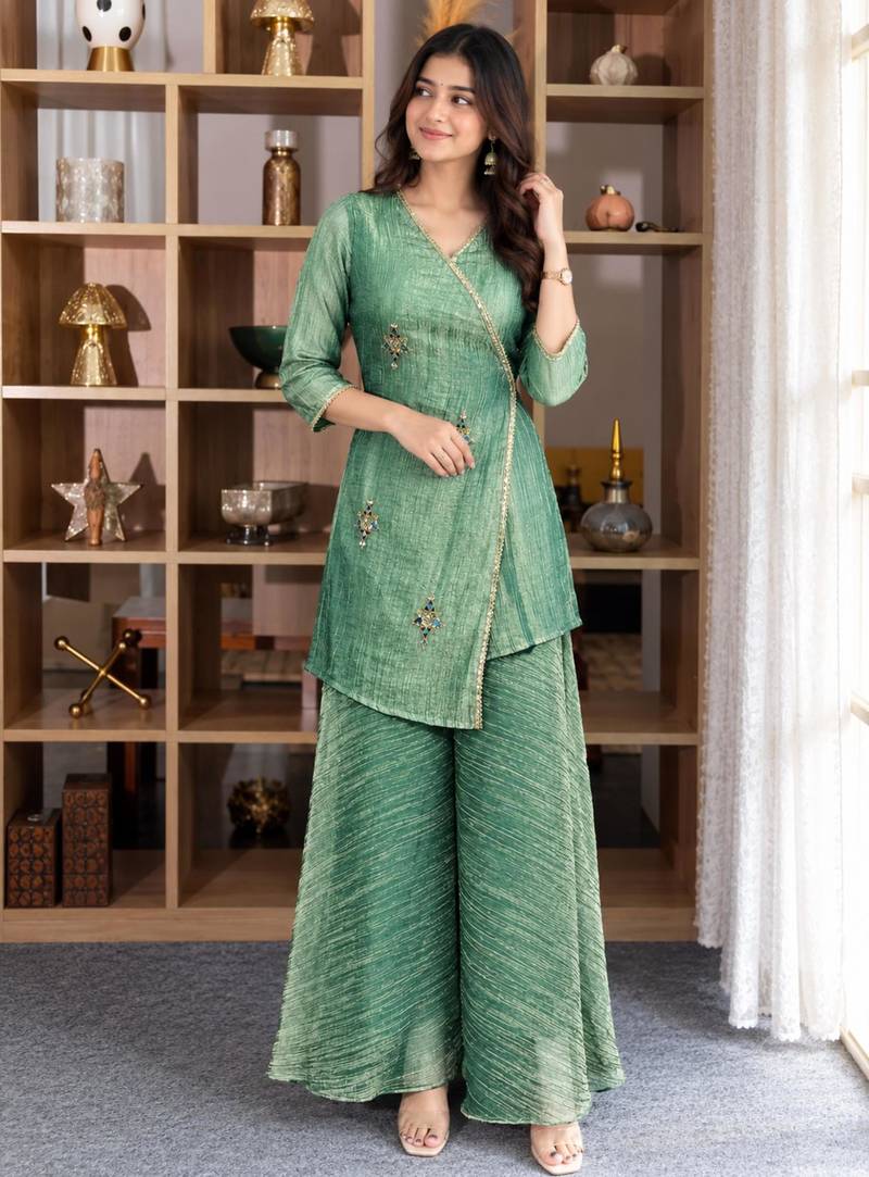 Green silk blend embroidered sharara set