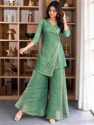 Green silk blend embroidered sharara set 2