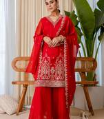 Red silk blend embroidered palazzo set