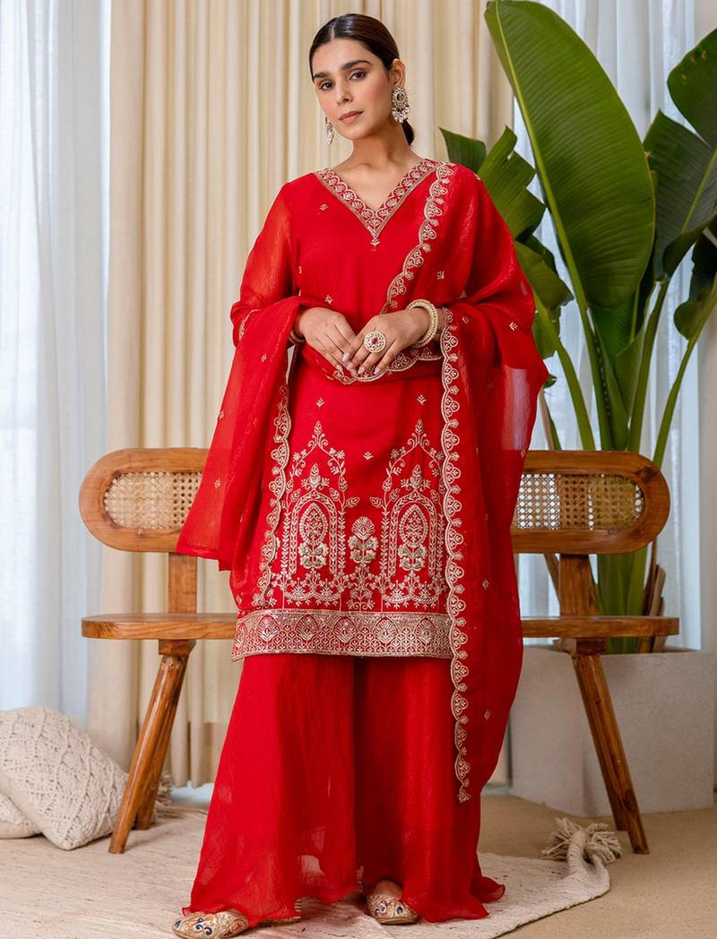 Red silk blend embroidered palazzo set