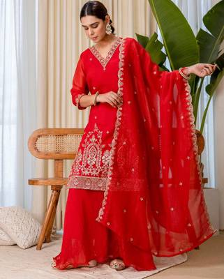 Red silk blend embroidered palazzo set 3