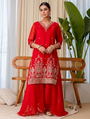 Red silk blend embroidered palazzo set 4