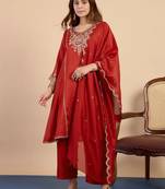 Red silk blend embroidered palazzo set