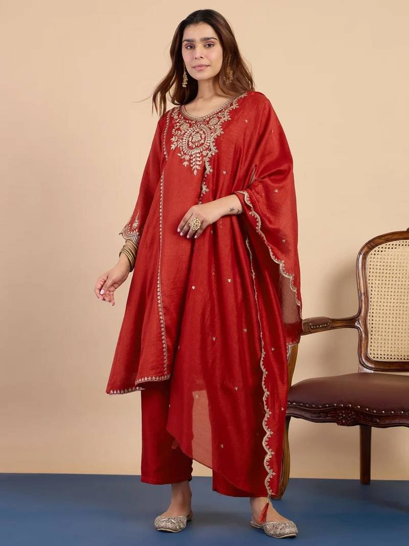 Red silk blend embroidered palazzo set
