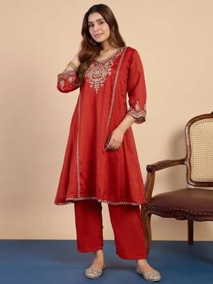 Red silk blend embroidered palazzo set 5