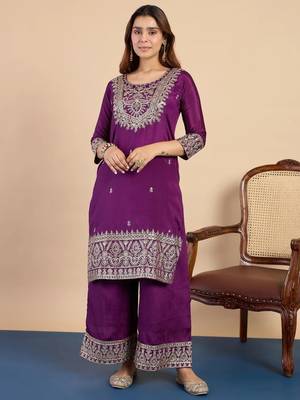 Purple silk blend embroidered palazzo set 3