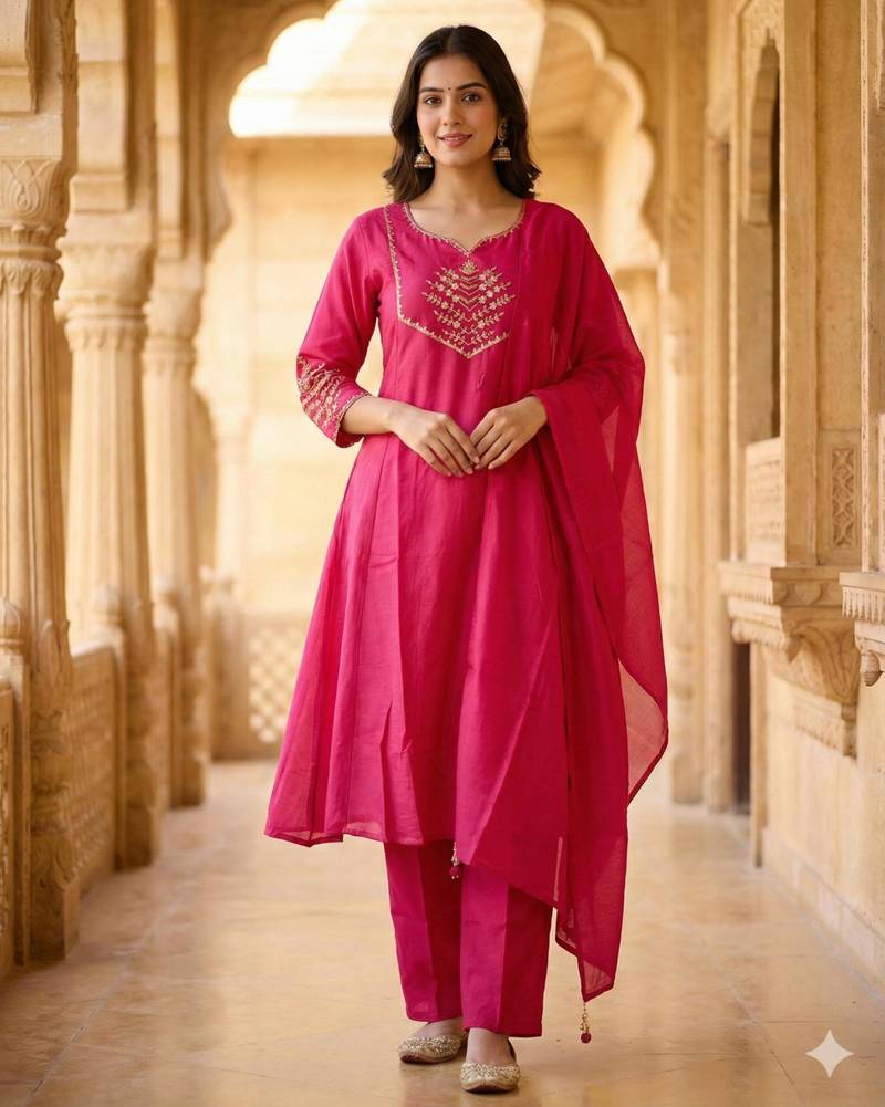 Rani-pink chanderi hand embroidery kurta set