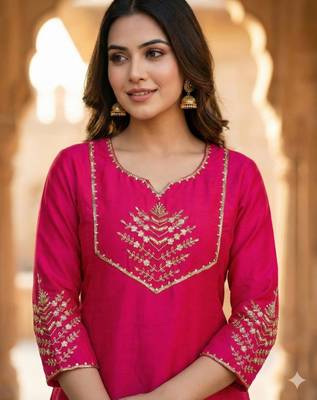 Rani-pink chanderi hand embroidery kurta set 2