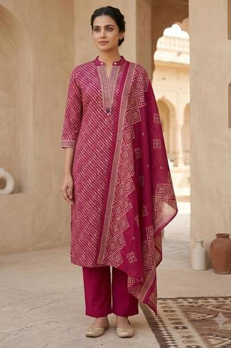 Rani-pink cotton hand embroidery kurta set