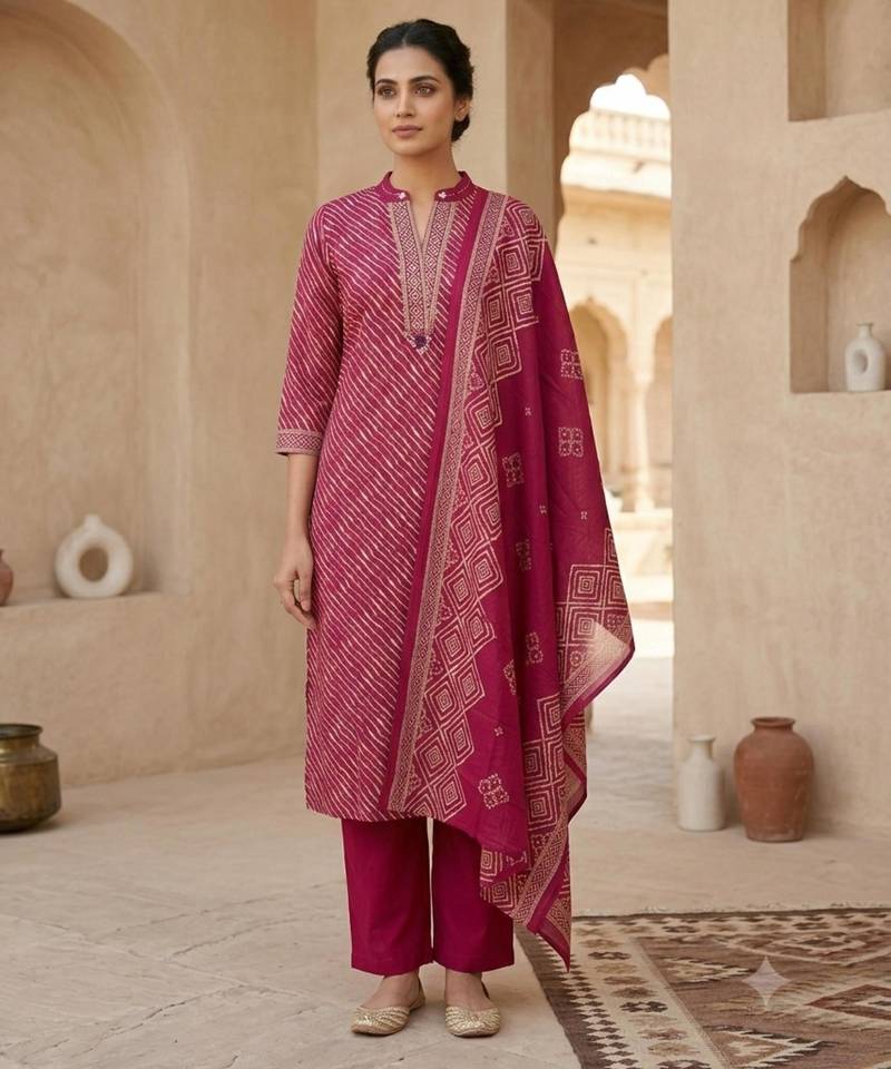 Rani-pink cotton hand embroidery kurta set