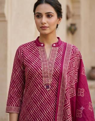 Rani-pink cotton hand embroidery kurta set 2