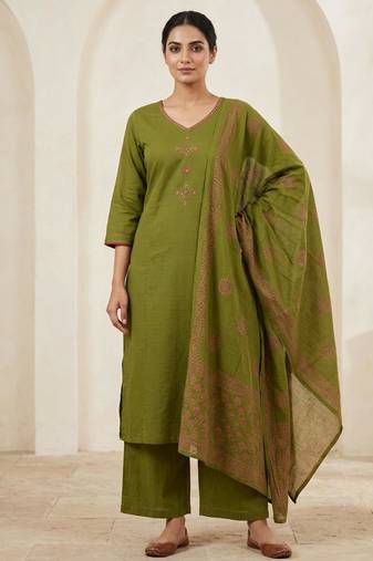 Green cotton hand embroidery kurta set
