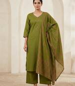 Green cotton hand embroidery kurta set