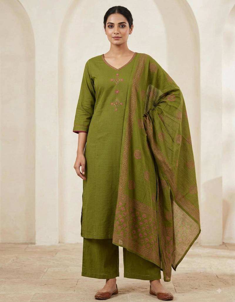 Green cotton hand embroidery kurta set