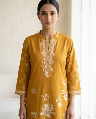 Mustard cotton hand embroidery kurta set 2