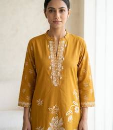 Mustard cotton hand embroidery kurta set