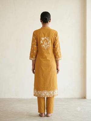 Mustard cotton hand embroidery kurta set 3
