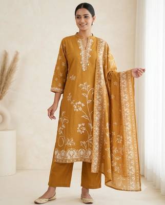 Mustard cotton hand embroidery kurta set 1