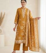 Mustard cotton hand embroidery kurta set