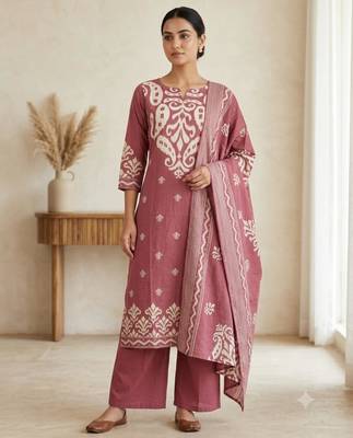 Dark-pink cotton hand embroidery kurta set 1