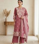 Dark-pink cotton hand embroidery kurta set