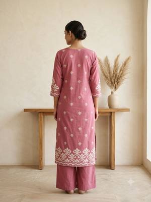 Dark-pink cotton hand embroidery kurta set 2