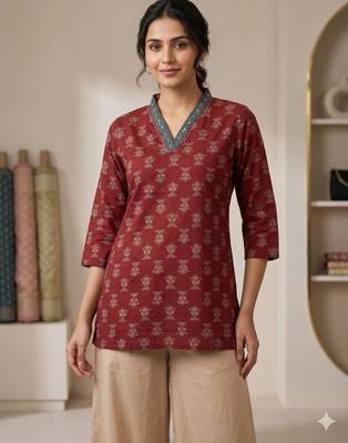 Maroon cotton hand embroidery kurta set 1