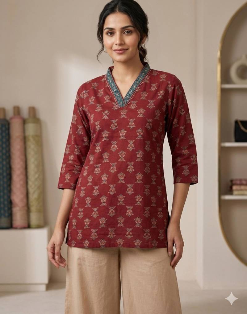 Maroon cotton hand embroidery kurta set