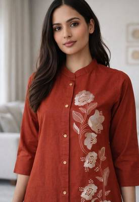 Dark-orange cotton embroidered kurta set 2