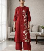 Dark-orange cotton embroidered kurta set
