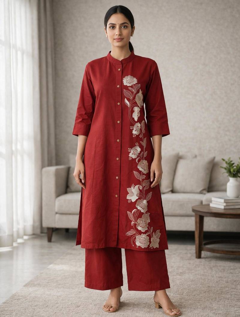 Dark-orange cotton embroidered kurta set