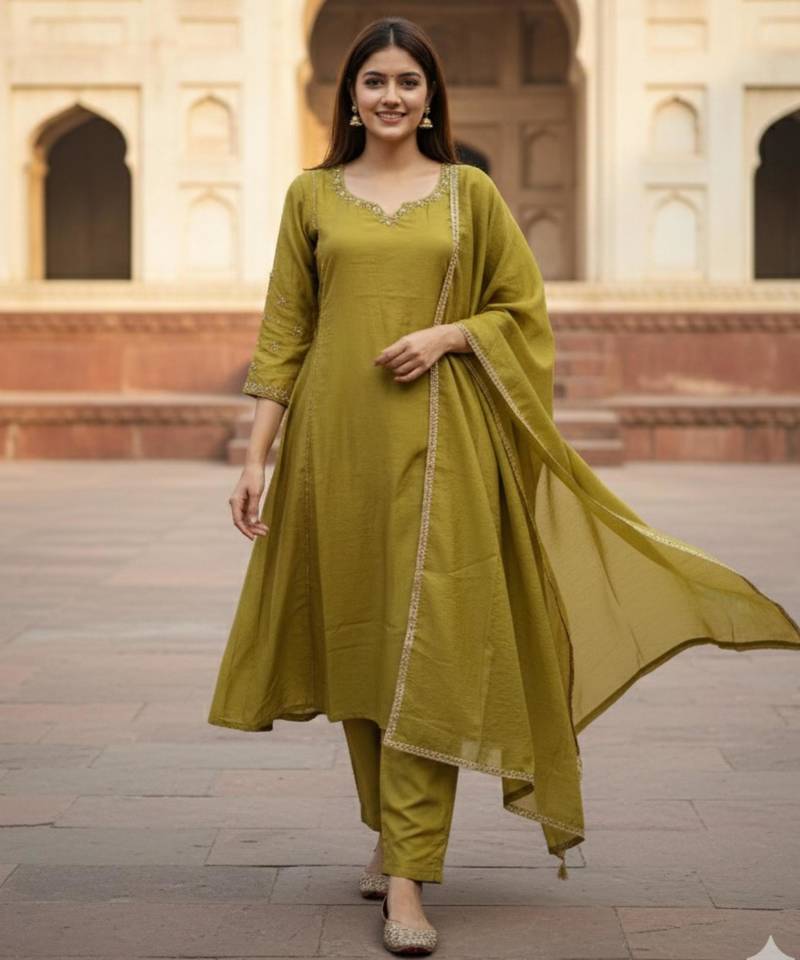 Parrot-green chanderi hand embroidery kurta set
