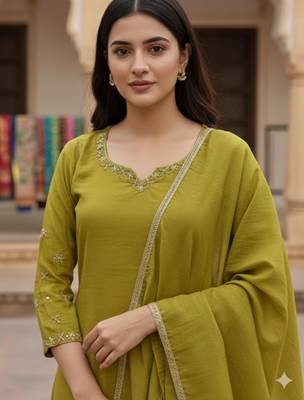 Parrot-green chanderi hand embroidery kurta set 2