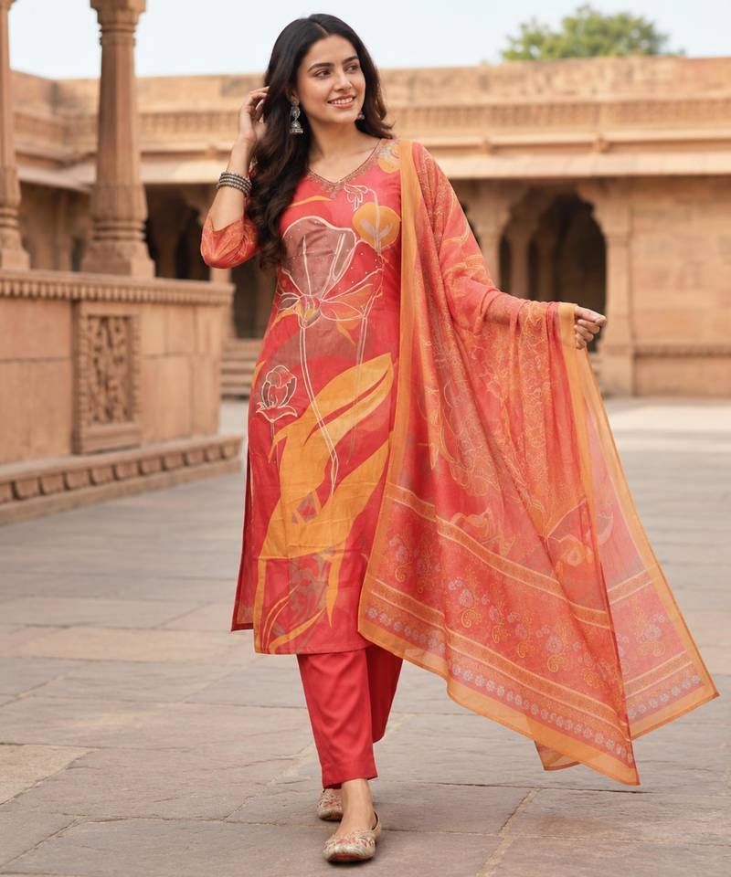 Multicolor viscose hand embroidery kurta set