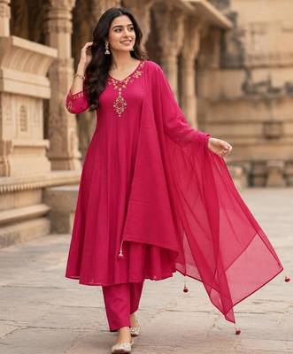 Rani-pink chanderi hand embroidery kurta set 1