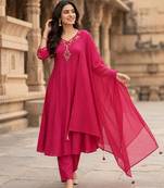Rani-pink chanderi hand embroidery kurta set